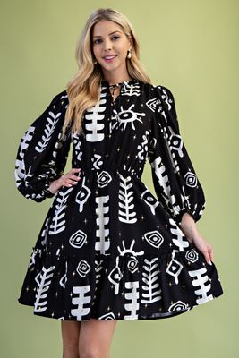 Gold Foil Abstract Print Tiered Dress
