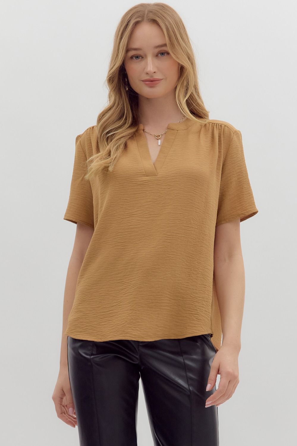 V-Neck Short Sleeve Pullover Top, Color: Camel, Size: S