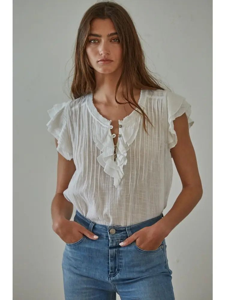 Linen Button V-Neck Short Sleeve Top