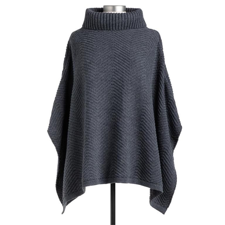 ZigZag Texture Cowl Neck Poncho O/S, Color: Charcoal