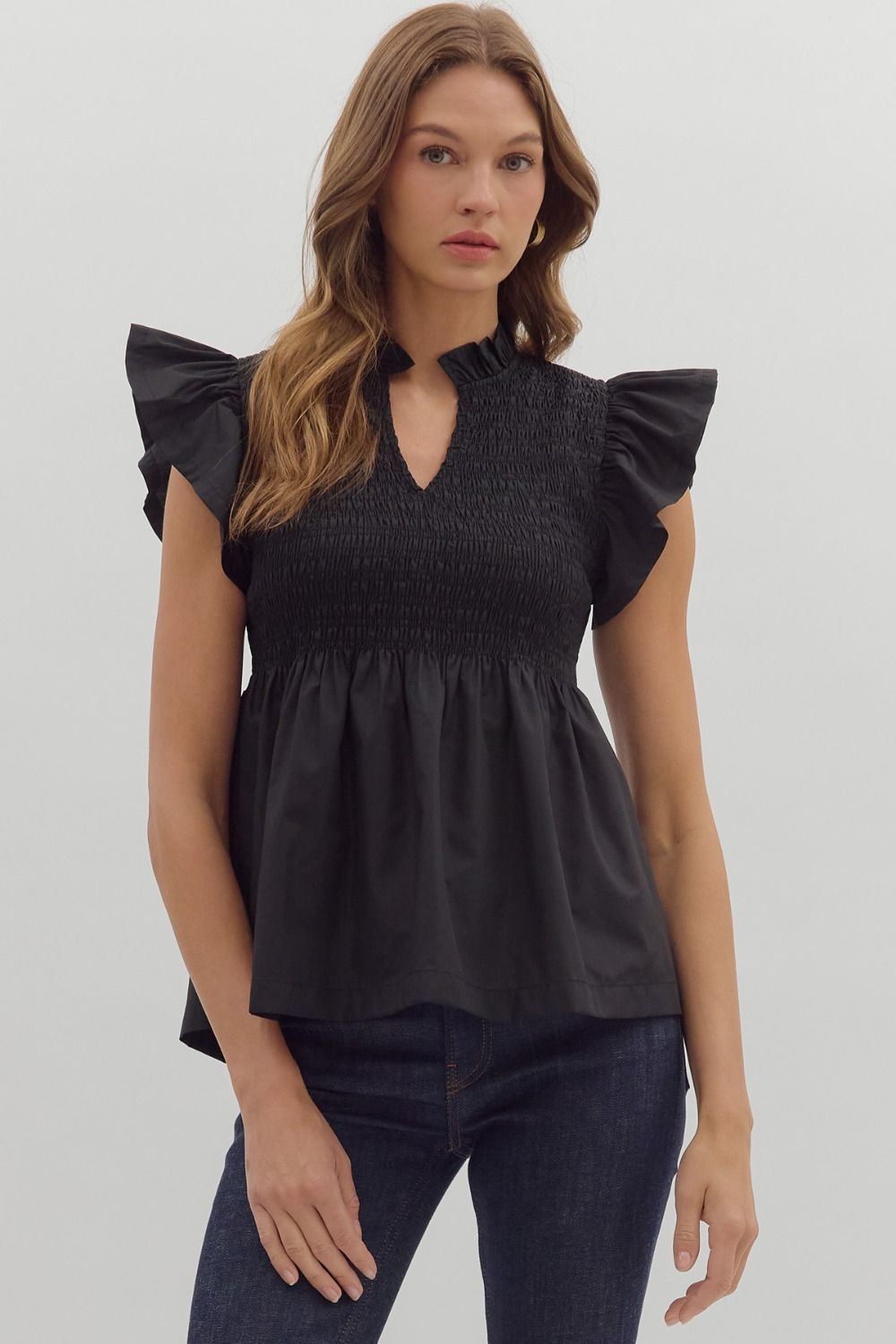 Flutter Sleeve Peplum Top, Size: S, Color: Black