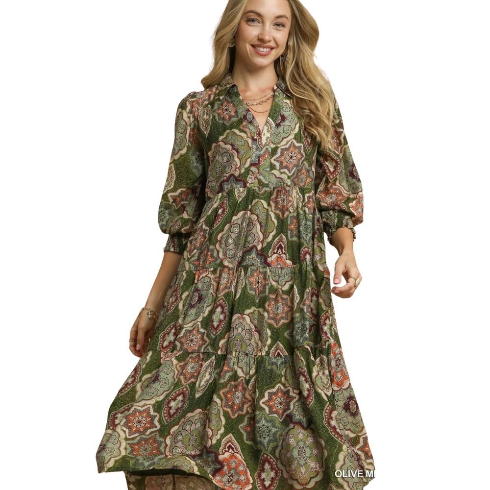 Boho Print Tiered Midi Dress