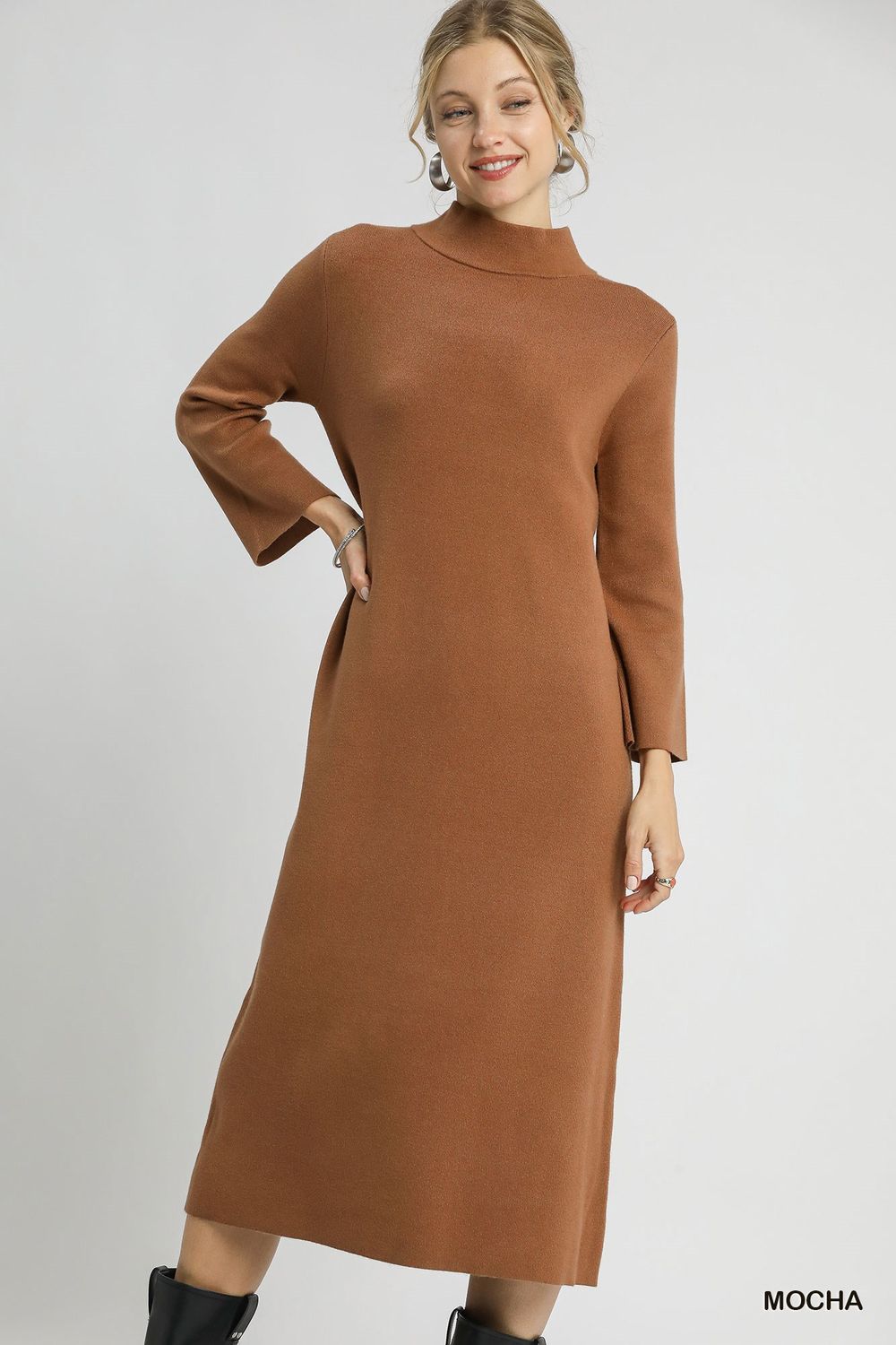 Mock Neck Knit Midi Dress, Color: Mocha, Size: S