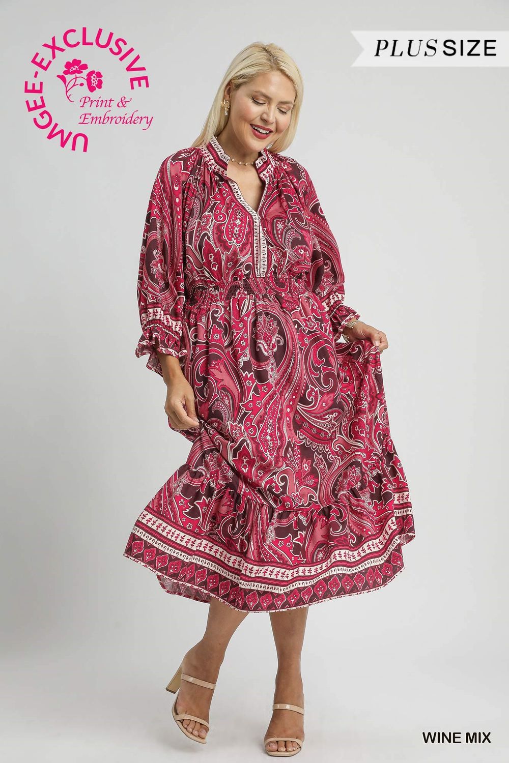 Paisley Print Midi Dress, Color: Wine, Size: XL