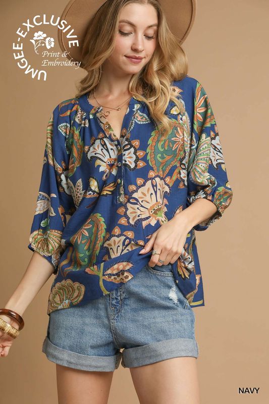 Boho Paisley Puff Sleeve Blouse