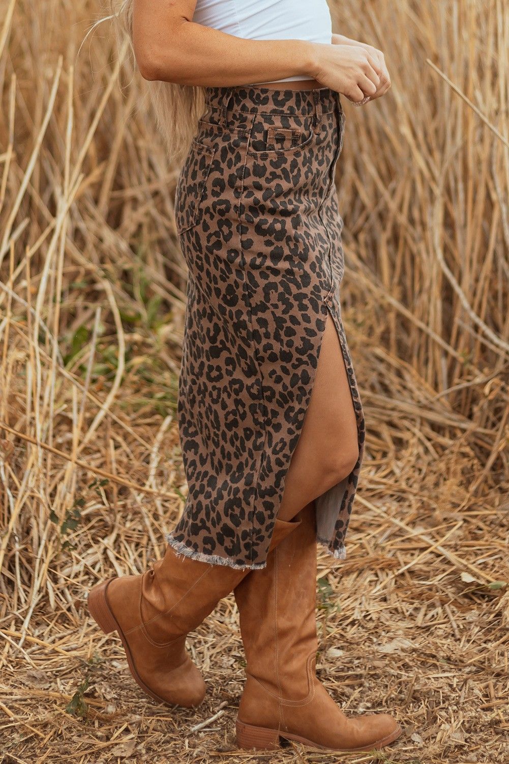 Leopard Split Denim Midi Skirt