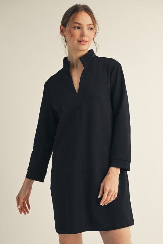 Stand-up Collared Shift Dress, Color: Black, Size: S