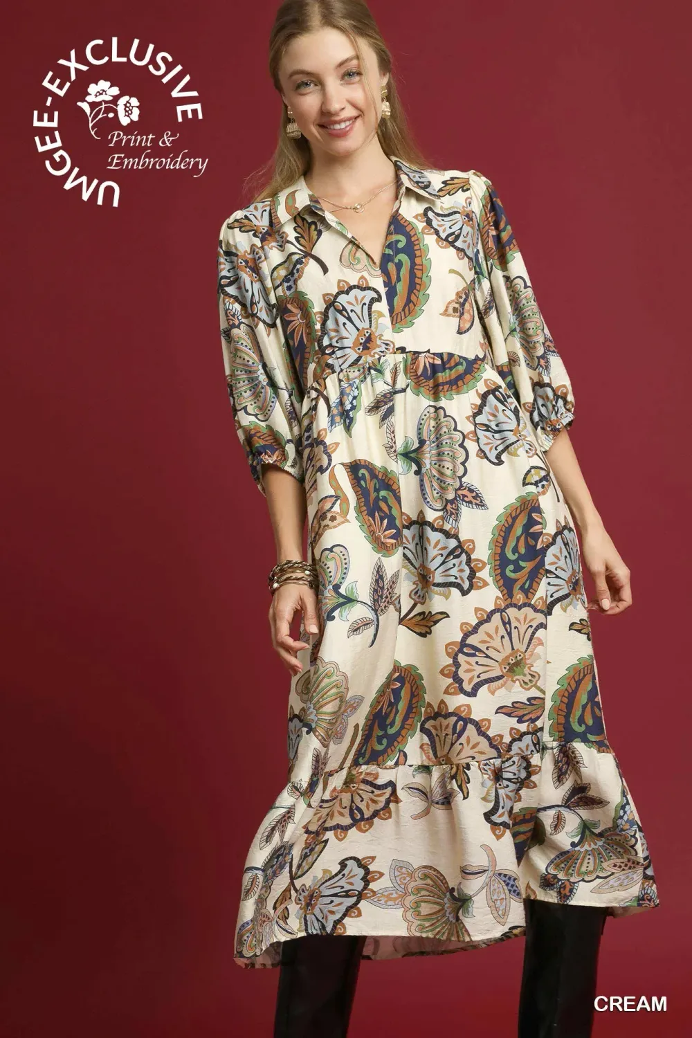 Boho Paisley Tiered Midi Dress, Color: Cream, Size: S