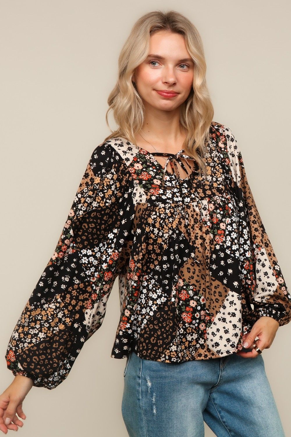 V Neck Patchwork Print Blouse