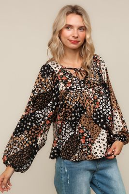 V Neck Patchwork Print Blouse