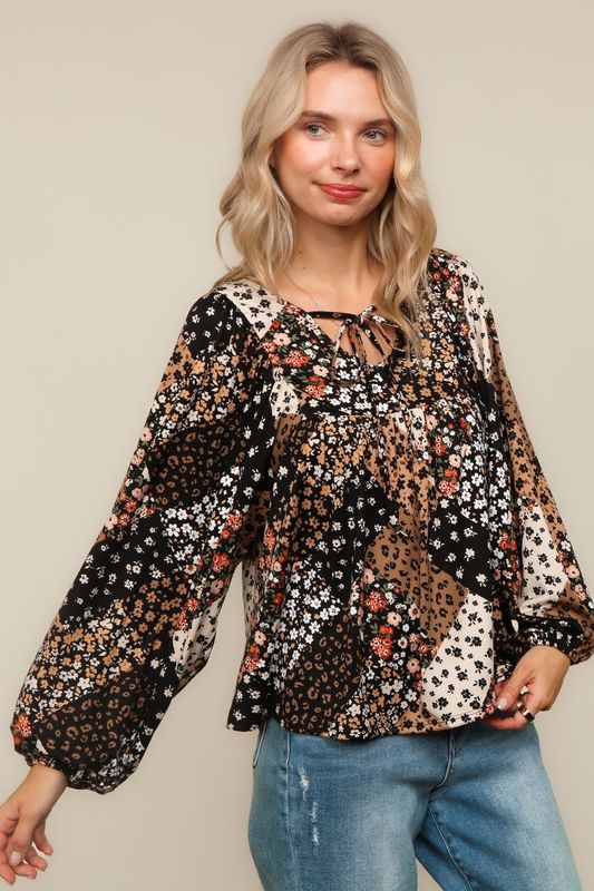 V Neck Patchwork Print Blouse
