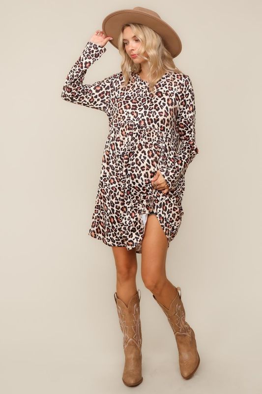 Plus Leopard Babydoll Swing Knee Length Knit Dress