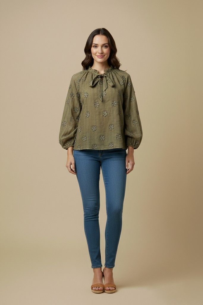 Womens Floral Embroidered Washed Tie Detail Top