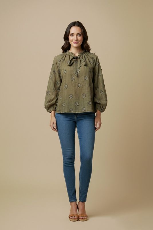 Womens Floral Embroidered Washed Tie Detail Top