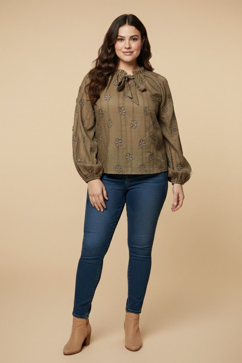 Plus Floral Embroidered Washed Tie Detail Top