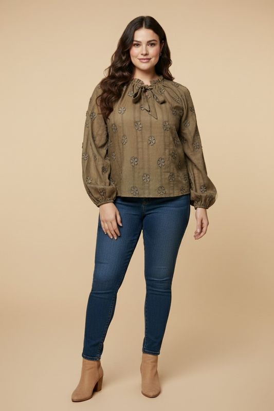 Plus Floral Embroidered Washed Tie Detail Top