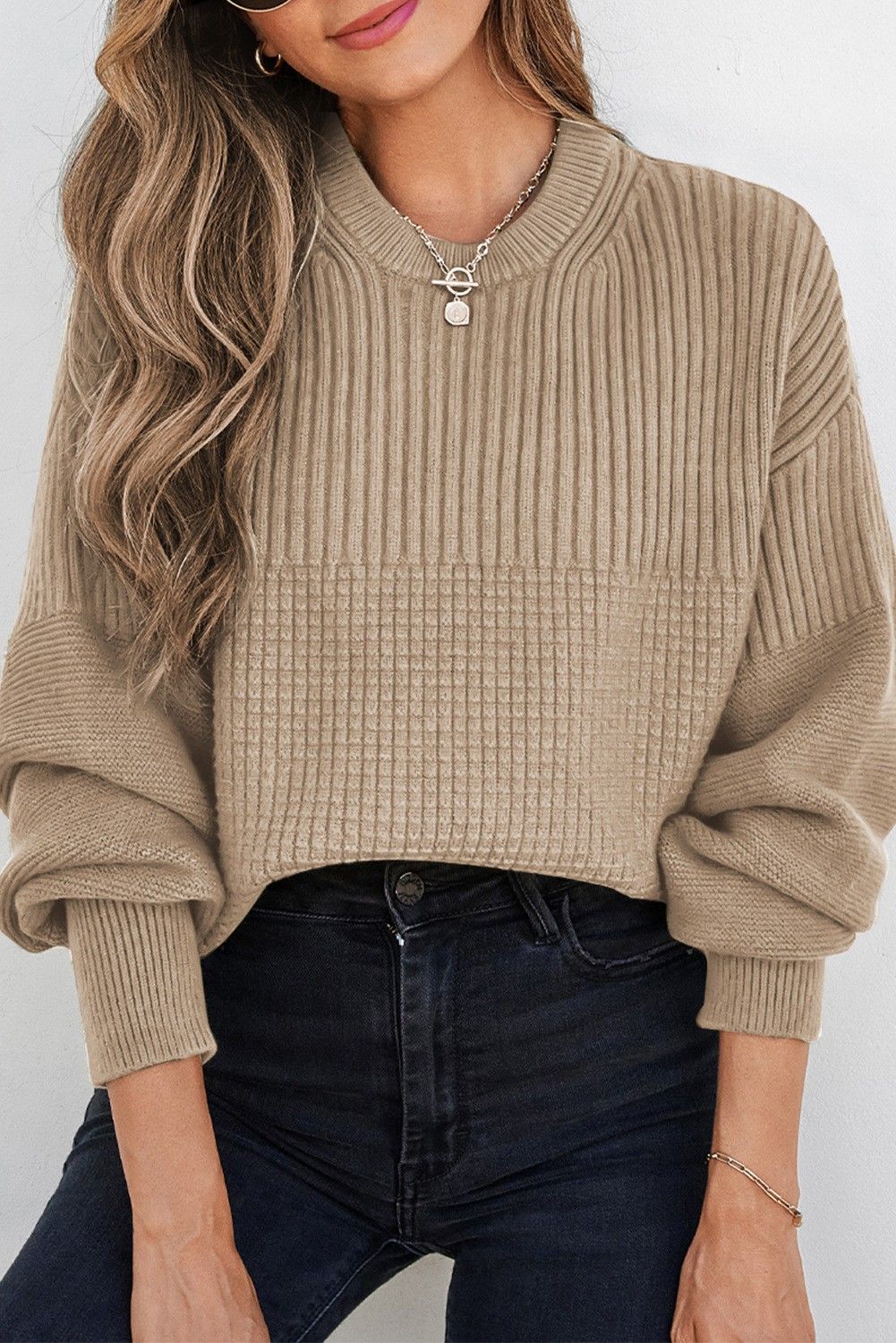 Knitted Crew Neck Sweater, Color: Beige, Size: S