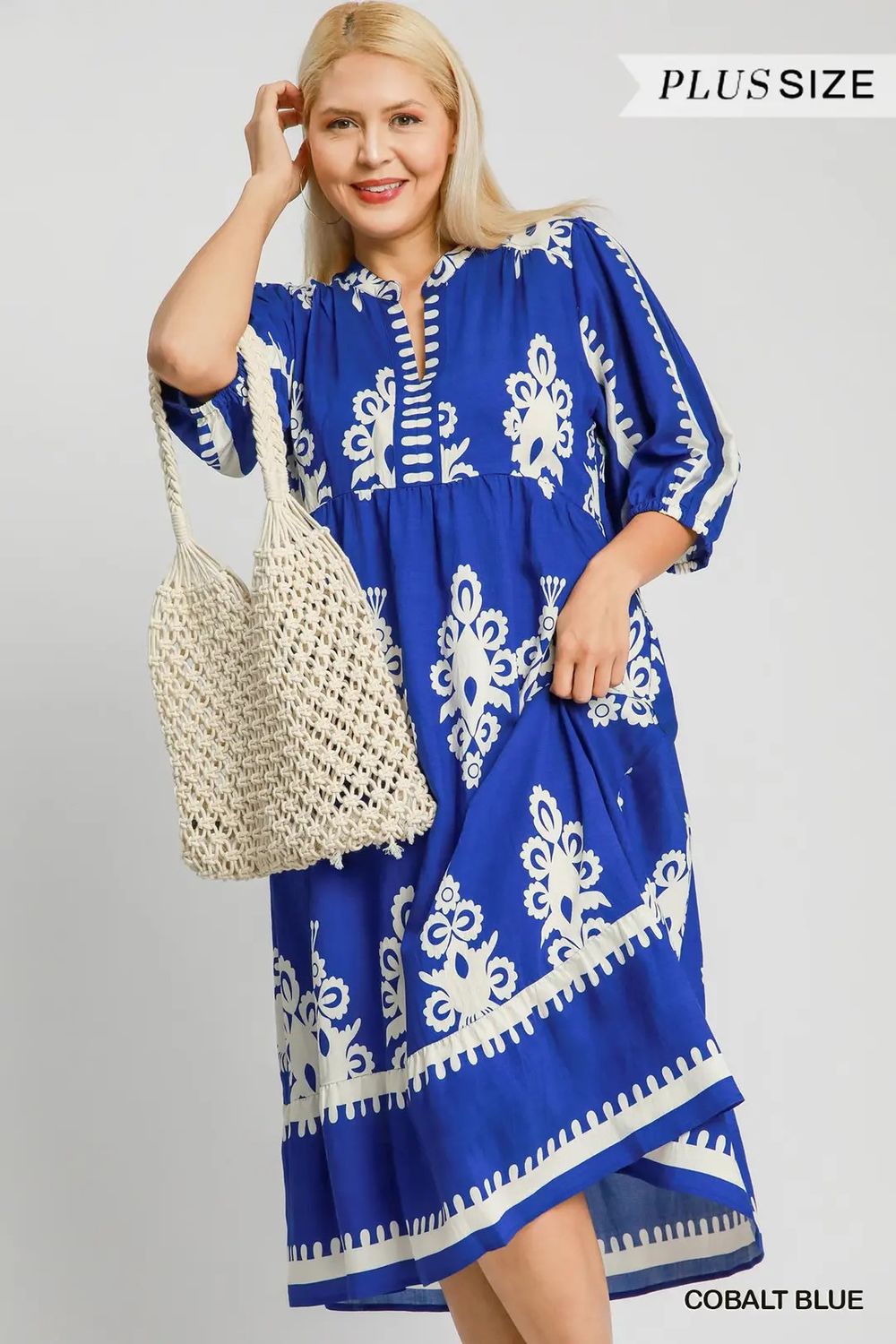 Plus - Two Tone Abstract Print V-Neck Dress