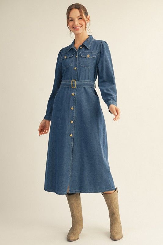 Waist Belted Button Down Denim Midi Dress
