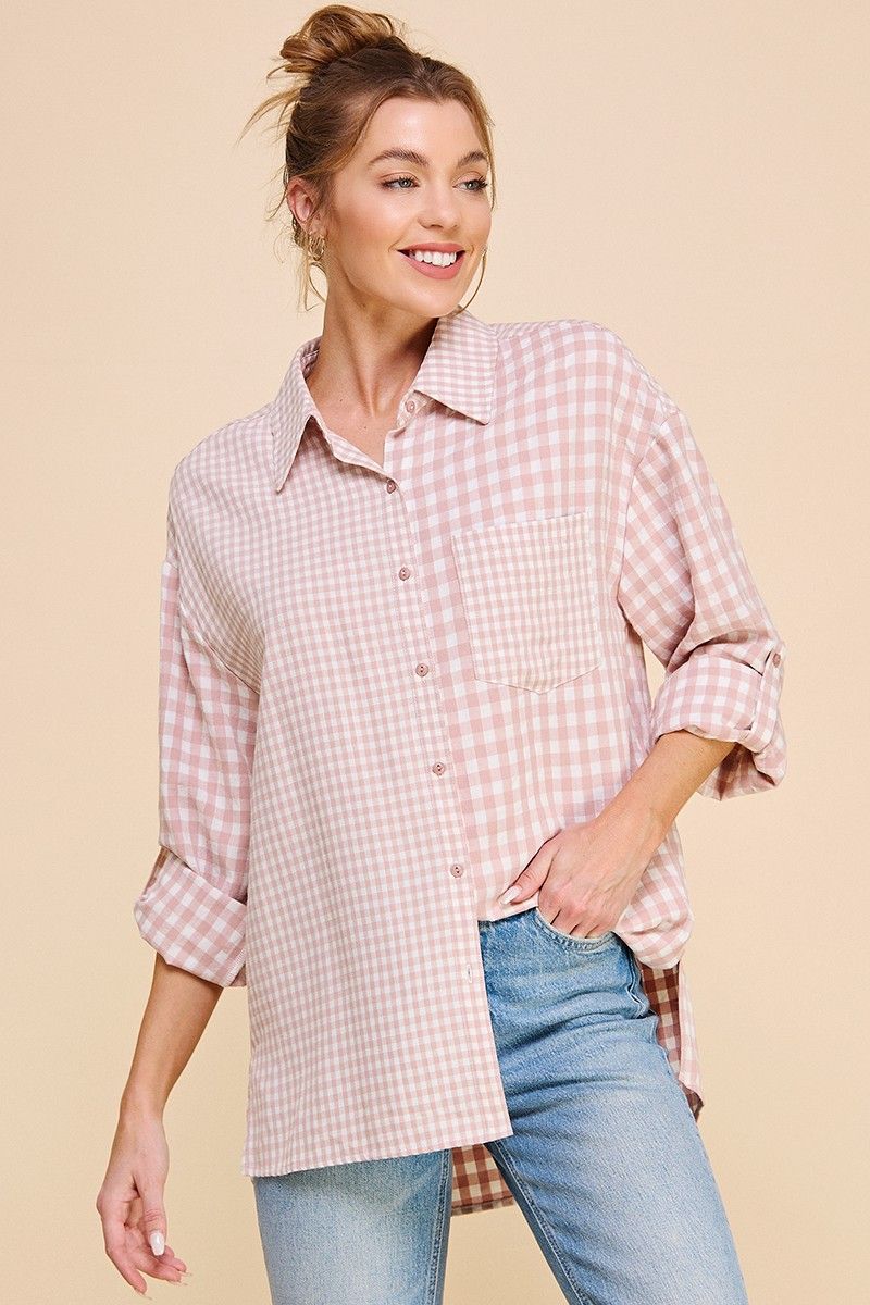 Mixed Gingham Button Front Shirt