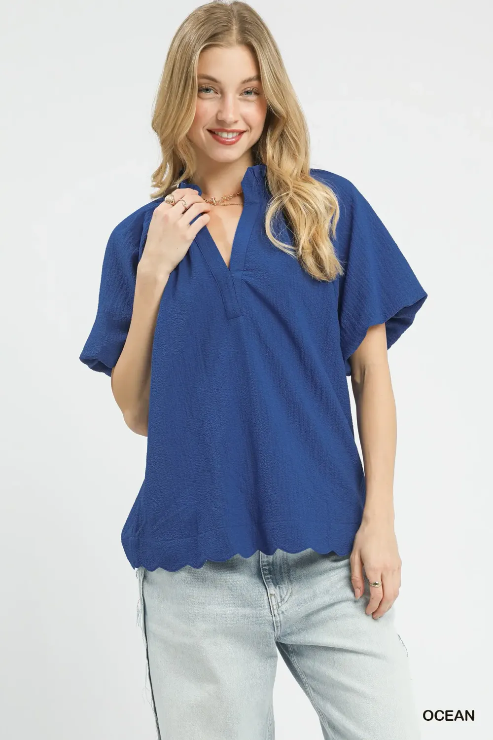 Scalloped Hem Textured Blouse, Color: Ocean, Size: S