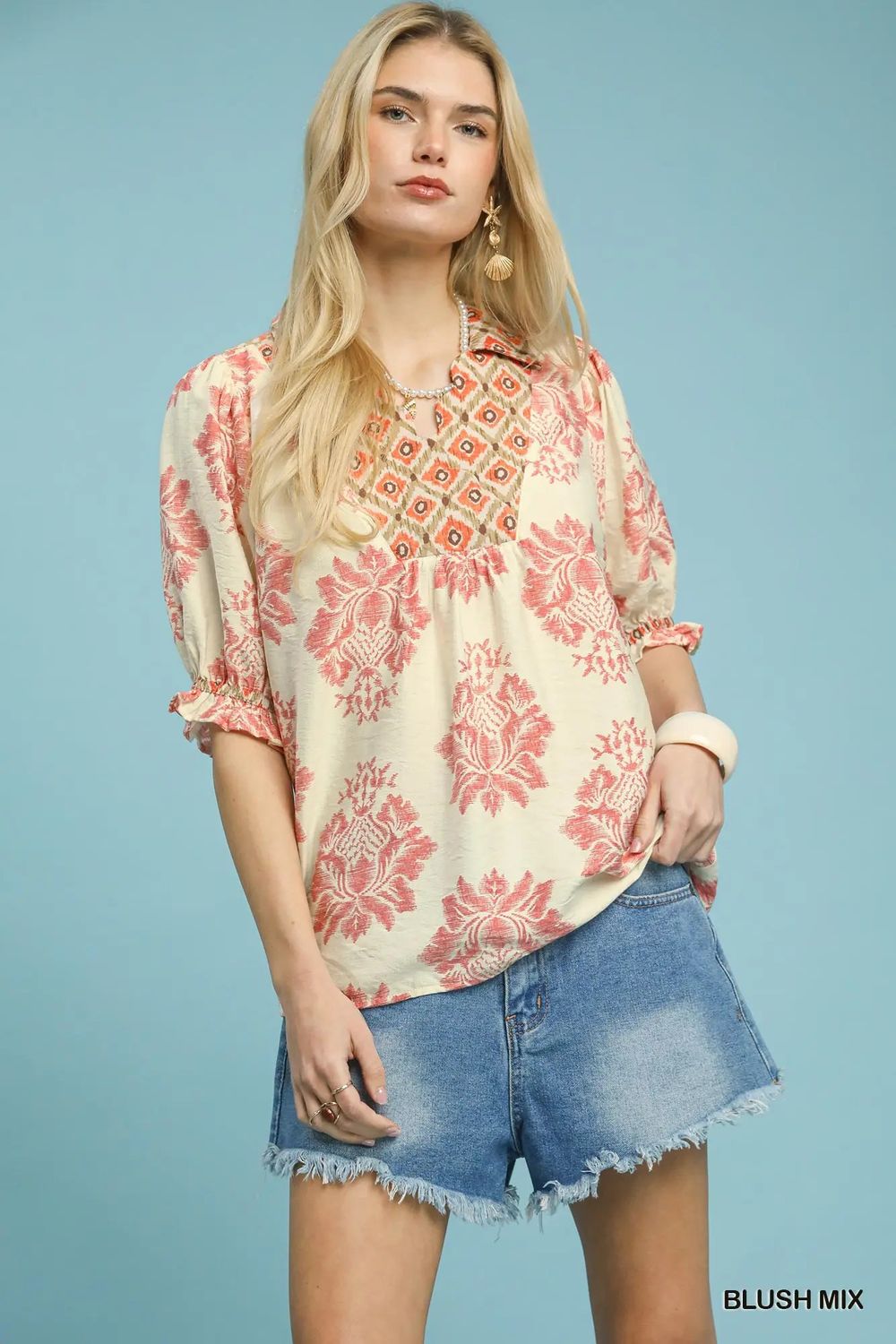 Mix Printed Puff Sleeve Blouse