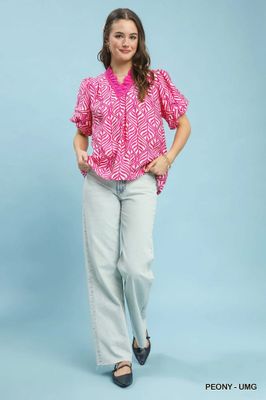 Printed Ruffle Neck Top