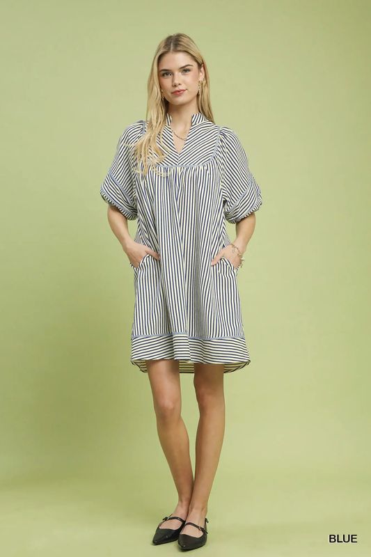 Striped Puff Sleeve Shift Dress