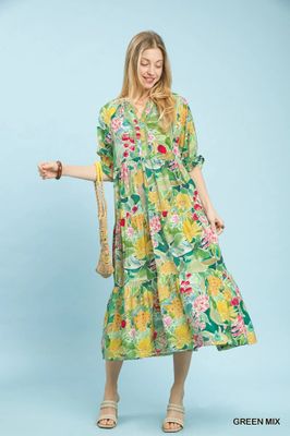 Mix Floral Tiered Midi Dress