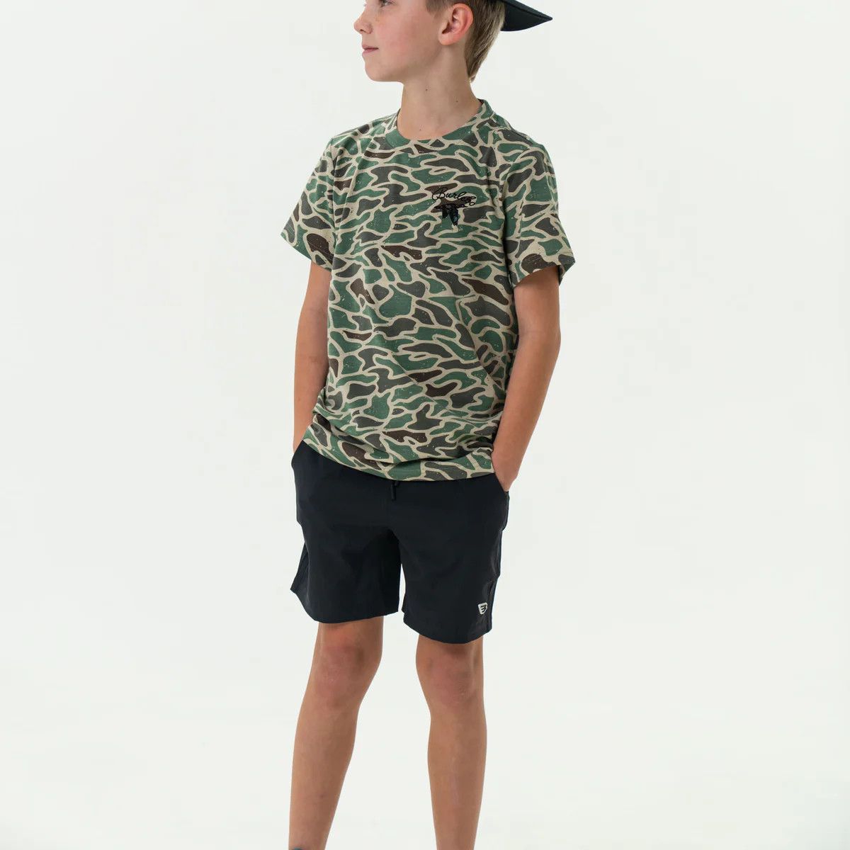 Youth Athletic Shorts-Heather Black-Retro Duck Camo Liner