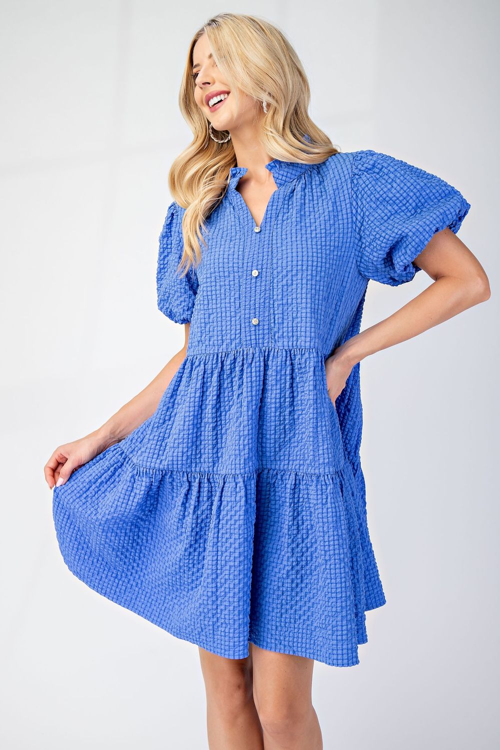 Seersucker Puff Sleeve Mini Dress, Color: Blue, Size: S
