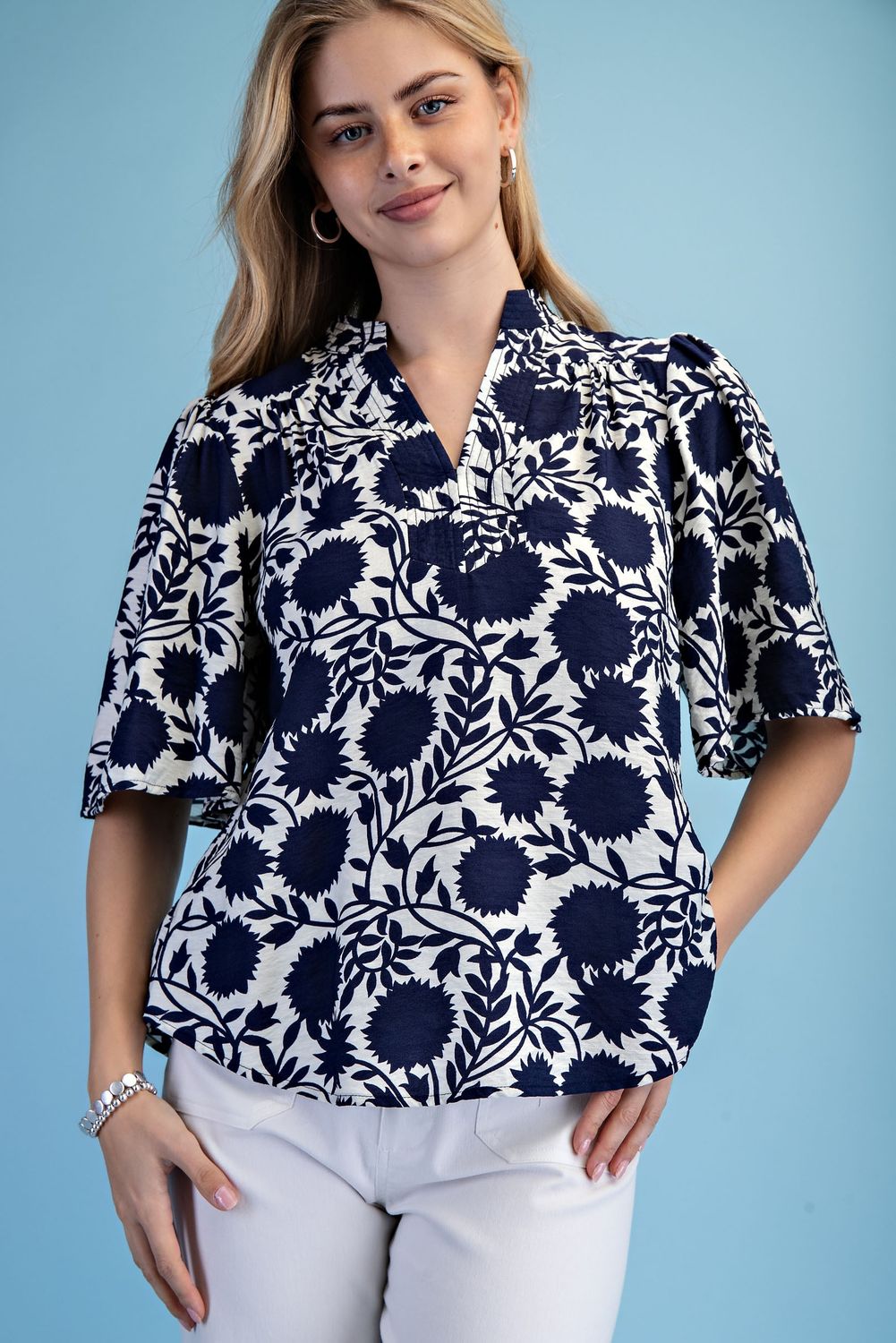 Trapunto Stitched V-neck Blouse, Color: Navy Mix, Size: S