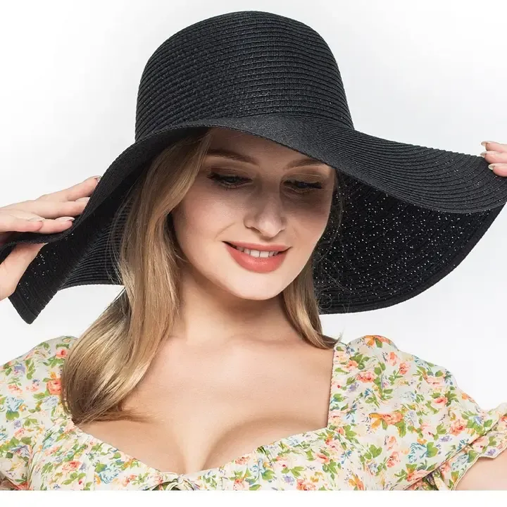 Monogrammable Straw Floppy Hat, Color: Black