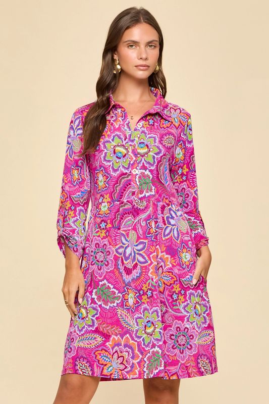 Floral Print Collared Shirt Dress 