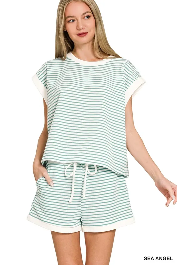 Stripe Top &amp; Shorts Set, Color: Sea Angel, Size: S