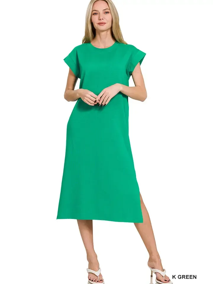 Round Neck Short Sleeve Midi Dress, Color: Kelly Green, Size: S