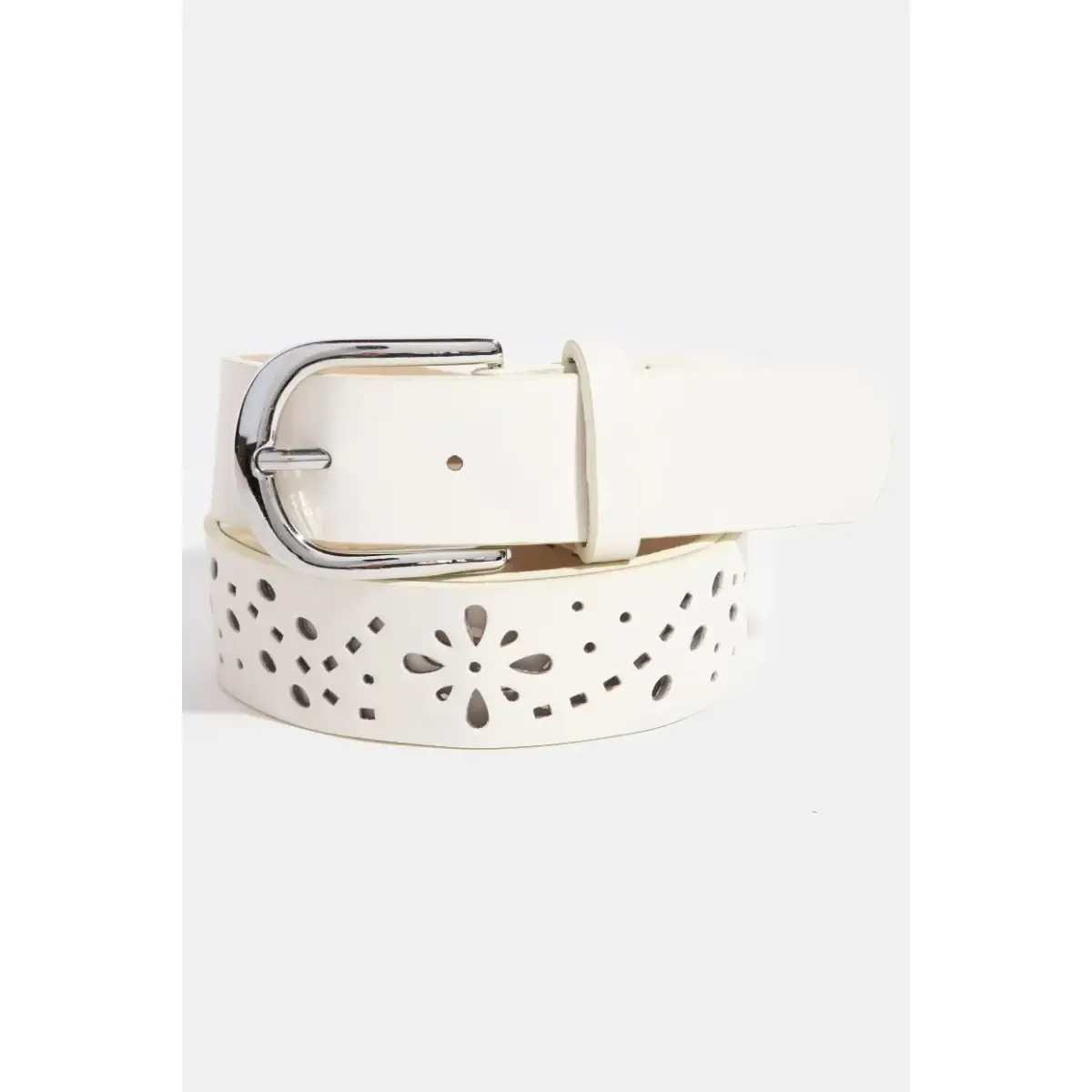 Floral Filigree Cut Out Vegan Leather Belt, Color: Ivory
