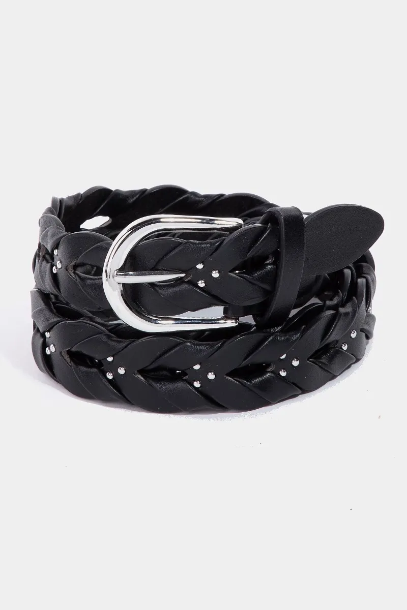 Chic Braided Vegan Leather Belt, Color: Black