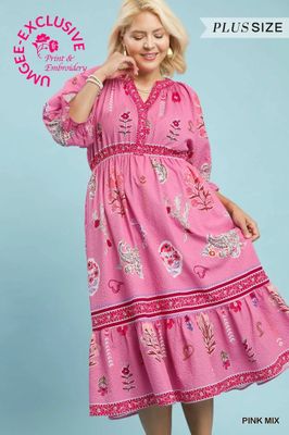 Floral Print Y-Neck Midi Dress 