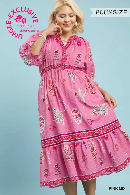 Floral Print Y-Neck Midi Dress 