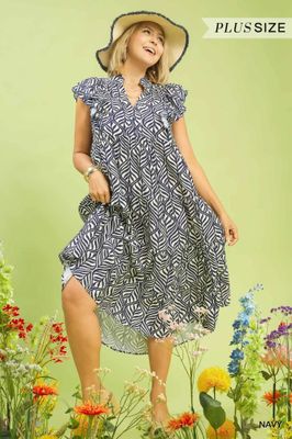 Leaf Print Tiered Midi Dress - PLUS