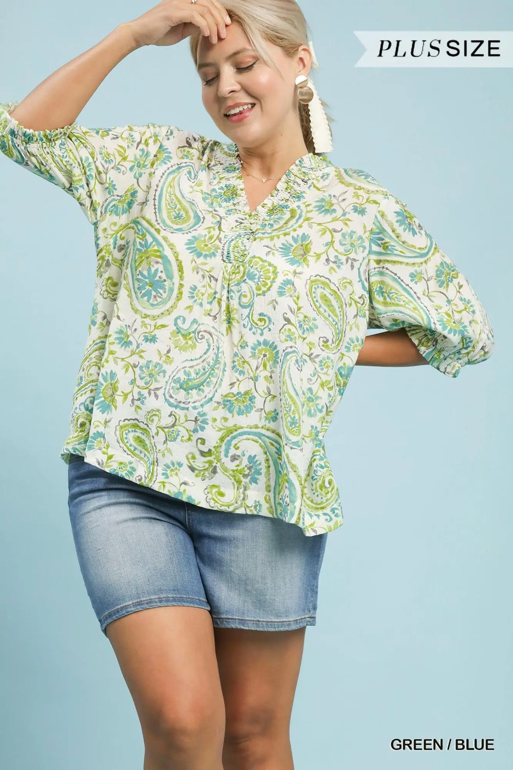 Smocked V-Neck Paisley Top