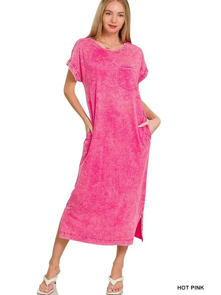 Short Sleeve T-Shirt Dress, Color: Hot Pink, Size: S