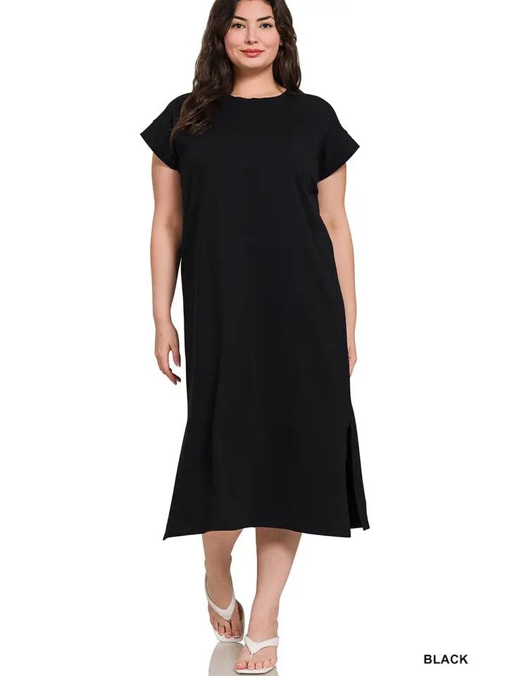 Plus Round Neck Short Sleeve Midi Dress