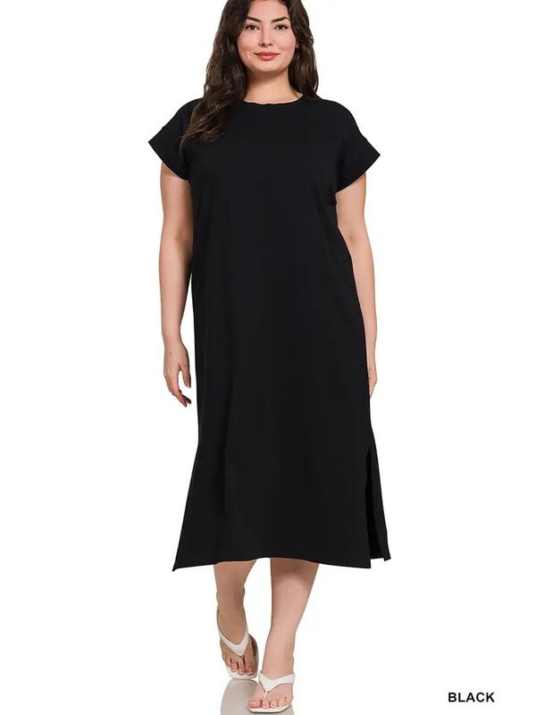 Plus Round Neck Short Sleeve Midi Dress