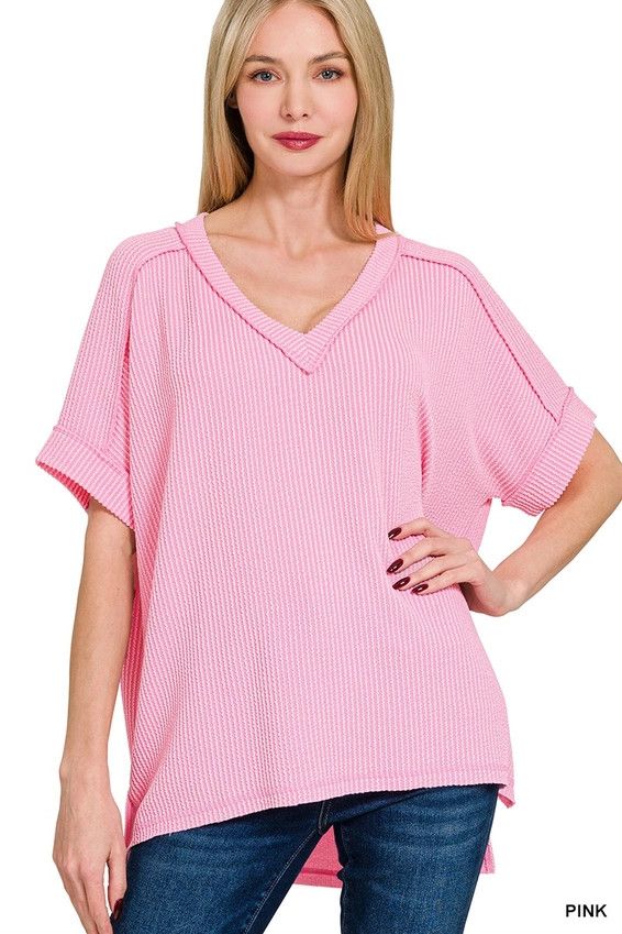 Raised Rib Short Sleeve V Neck Top