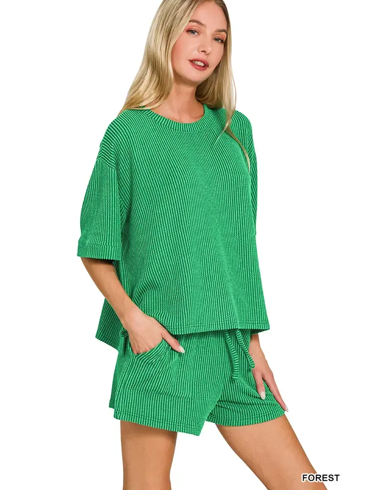 Corded Rib Short Sleeve Tee &amp; Short Set, Color: Kelly Green, Size: S