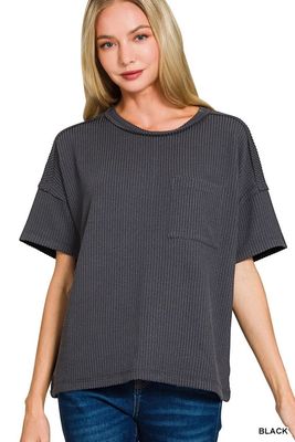 Raised Rib Exposed Seam Short Sleeve Top