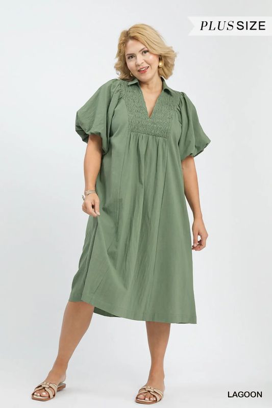 Smocked Front Yoke Midi Dress