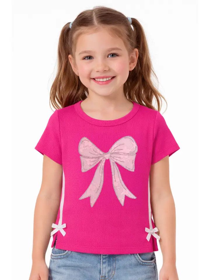 Girl's Ribbed Knit Top w/ Taping &amp; Bow